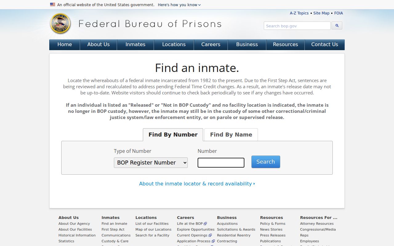 Federal Bureau of Prisons inmate locator webpage