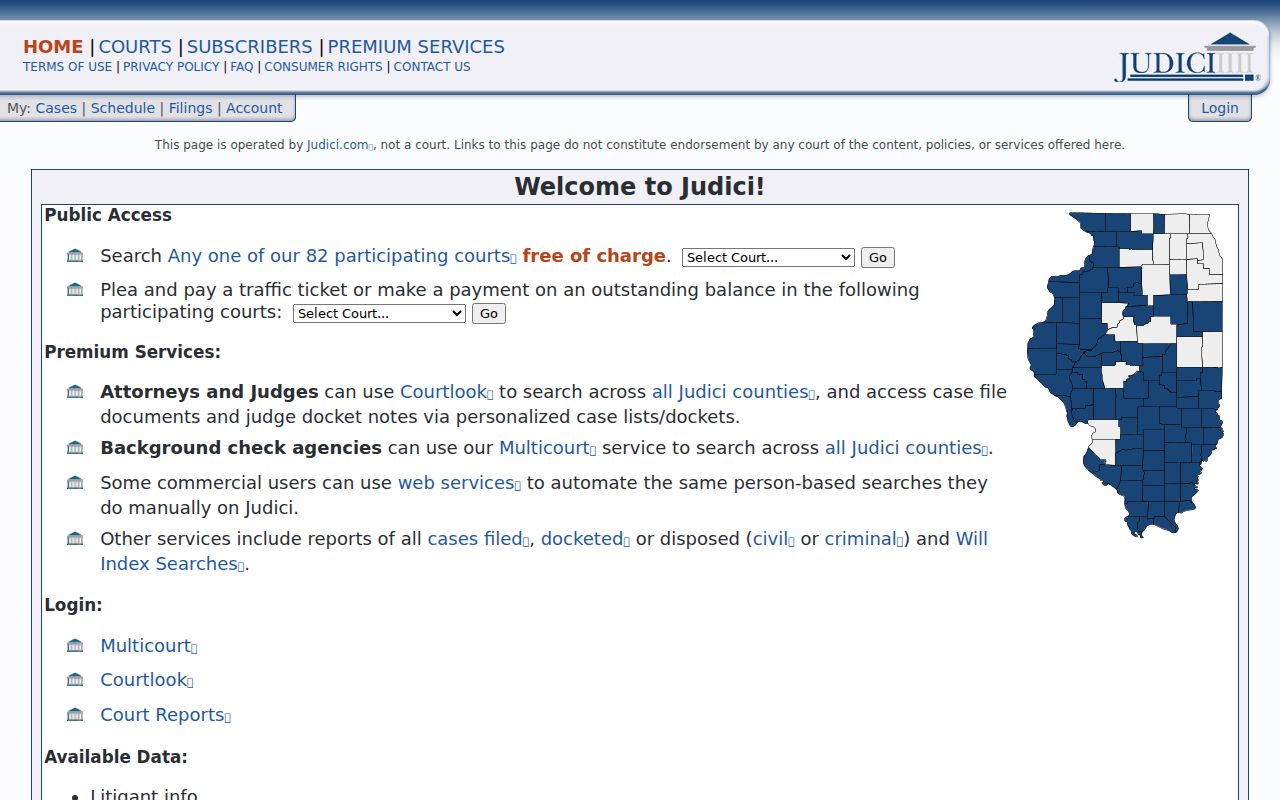 Judici Illinois participating court and case search interface