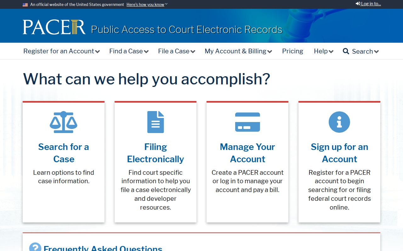 PACER federal court records access webpage